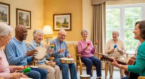 Older adults seated in a semicircle playing tambourines, hand drums and maracas while a facilitator with a guitar leads from the right in a sunlit community room